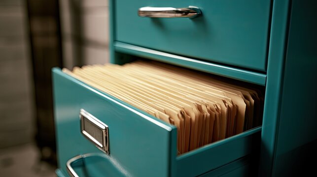 Teal metal filing cabinet drawer open with manila folders