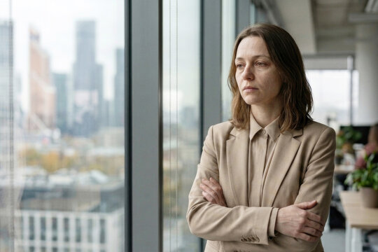Serious businesswoman in beige suit arms crossed by window representing corporate leadership determination