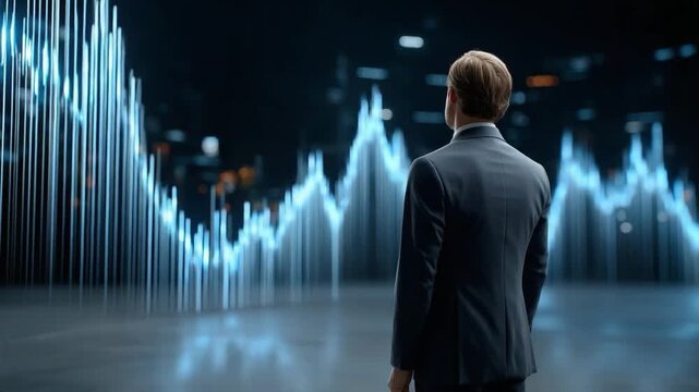 Financial Visionary: A businessman in a sharp suit stands facing a futuristic digital stock market graph, his gaze fixed on the evolving data, representing foresight and strategic investment.