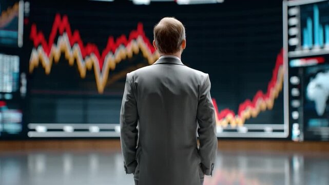 Financial Turmoil: A businessman in a grey suit stands before a large screen displaying a volatile stock market graph with red and orange lines indicating a downturn.