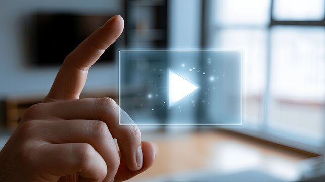 Finger touches a glowing play button on a digital interface for media