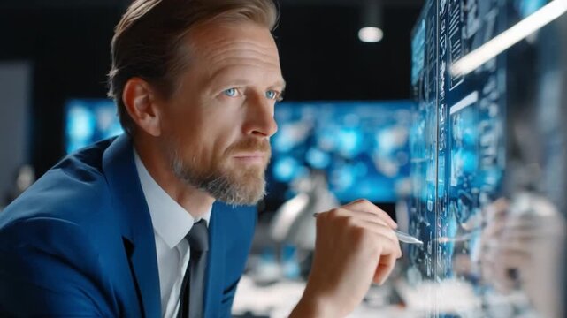 Analyzing the Future: A thoughtful businessman in a sharp blue suit contemplates complex data visualizations, his gaze fixed on the intricate network of information projected before him.
