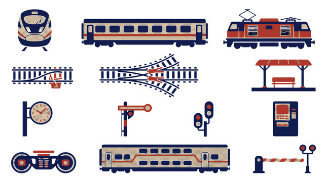 Railway Transport Icons Set with Trains Tracks Signals and Station Elements for Travel Infographics and Web Design Graphic Assets