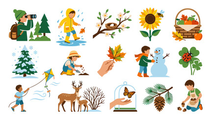 Naklejka premium Seasons Change: Children Enjoying Outdoor Activities Throughout The Year Vector Art