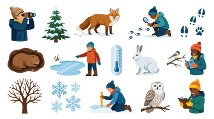 Fototapeta premium Winter Wildlife Exploration Children Vector Art Flat Style