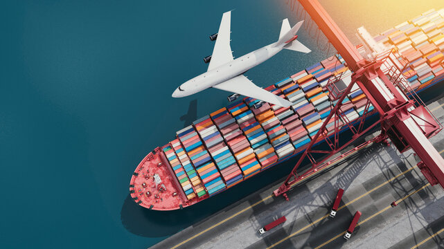 Cargo Ship and Airplane at Global Logistics Port