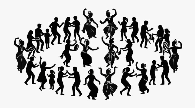 Silhouettes of people dancing in a joyful circle formation.