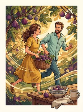Happy couple running through a sunlit fig orchard with harvest