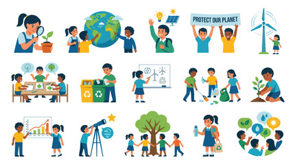 Fototapeta premium Children learning about planet earth, environment, renewable energy, recycling