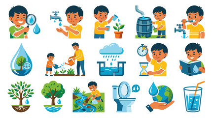 Fototapeta premium Water Conservation Kids Flat Vector Illustration Set for Environmental Education and Sustainable Living