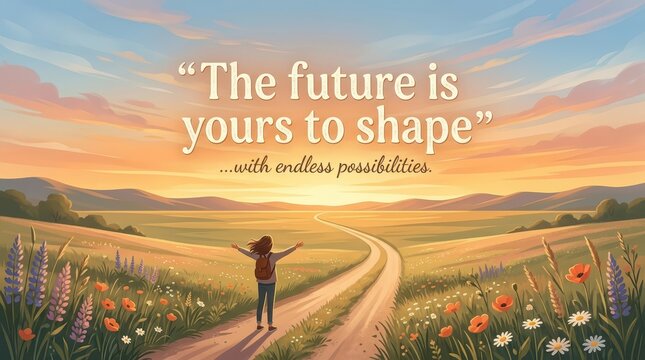 Young woman with arms outstretched on path at sunrise, embracing the future with endless possibilities
