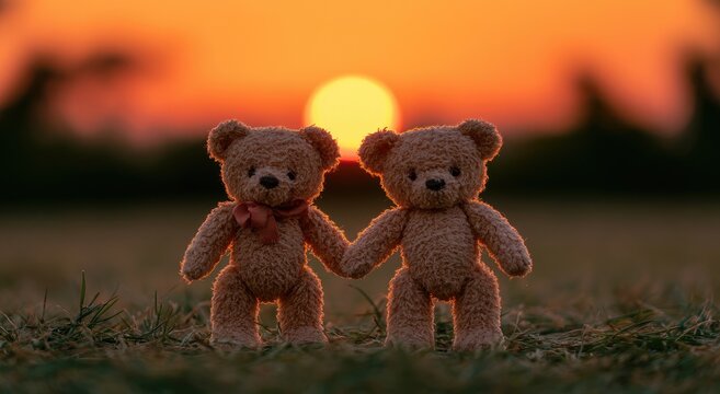 Two fuzzy bears holding hands at sunset, warm light, outdoors