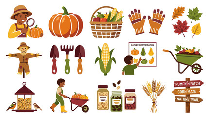 Obraz premium Autumn harvest vector set with farmer, pumpkin, corn, scarecrow, and gardening tools