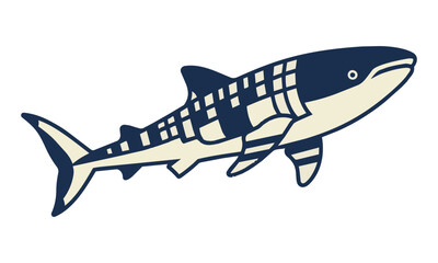 Fototapeta premium Stylized whale shark swimming in a minimalist geometric design with flat navy and cream colors on a clean white background, modern marine life concept