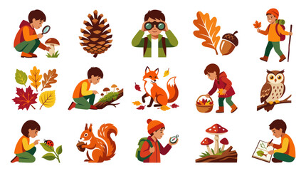 Fototapeta premium Autumn Nature Study: Kids Exploring Forest with Magnifying Glass, Animals, and Plants