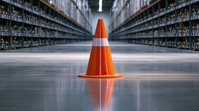 Orange traffic cone stands on polished floor in aisle of vast warehouse