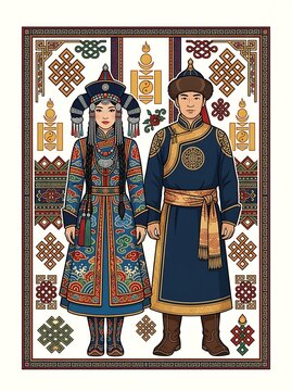 Man and woman wearing traditional mongolian clothing and ornaments