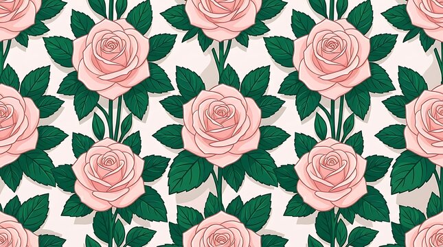 Seamless pink rose floral pattern with green leaves