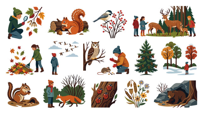 Flat Vector Illustration Collection: Seasonal Nature Scenes with Wildlife, Children  Activities in Autumn, Winter, Spring.