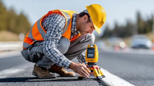 Construction Surveyor at Work: A diligent construction surveyor, wearing a yellow hard hat and orange safety vest, crouches on a road to measure elevation with a laser level.