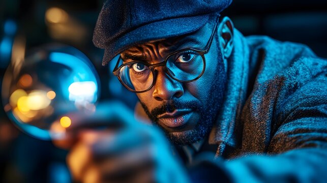 Police officer intensely examining evidence during bankruptcy fraud investigation under dramatic blue lighting, conveying urgency and legal scrutiny in financial crime case.
