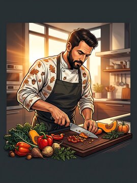 Professional chef slicing autumn vegetables in a warm sunlit kitchen