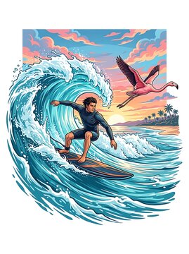 Surfer riding a giant ocean wave at tropical sunset