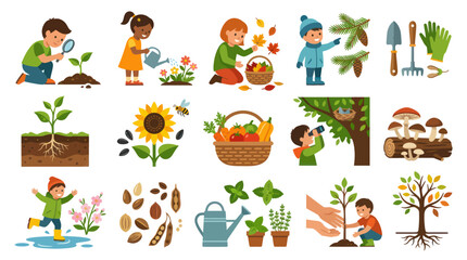 Fototapeta premium Flat Vector Illustrations: Children Exploring Nature, Gardening Seasons. Kids, Plants, Seeds, Tools Activities.