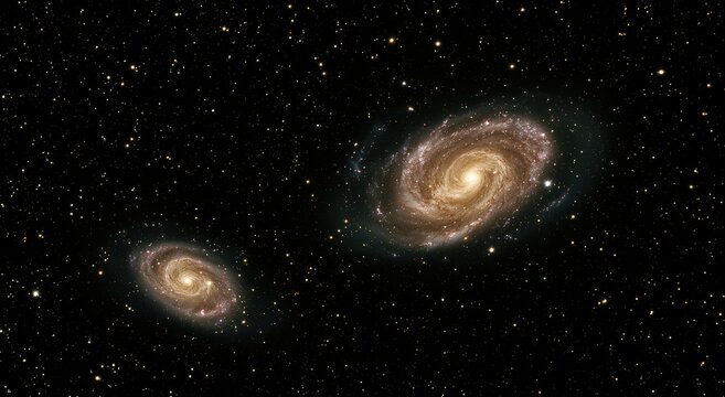 Two vibrant spiral galaxies drift through the star-filled void of deep space