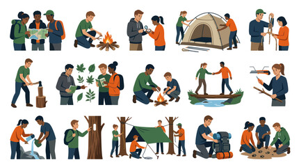 Fototapeta premium Camping and Hiking Activities Vector Illustrations - People Enjoying Outdoors
