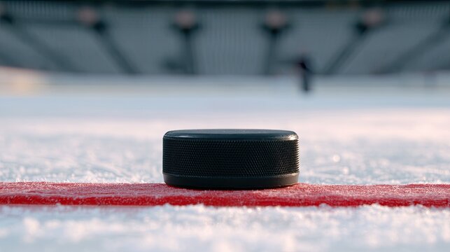 Close-up of a black hockey puck resting on the red line of an ice rink