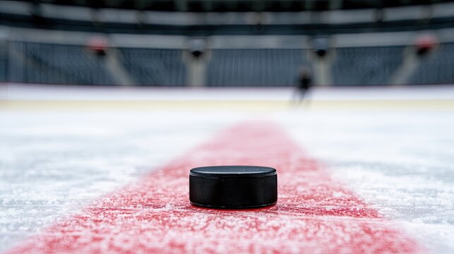 Black hockey puck sits on red line of empty ice rink, stadium seating blurred