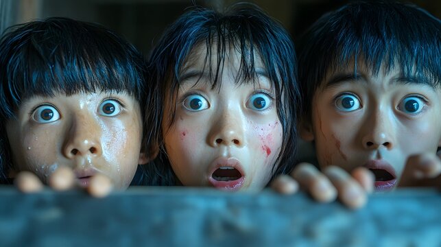 Three children peeking over a ledge with wide eyes and shocked expressions, revealing fear after discovering their home ransacked. Emotional family moment capturing surprise and distress.