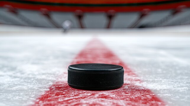 A hockey puck rests on the ice at the center red line of an arena