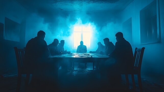 Group of individuals conspiring in dimly lit room with smoke and dramatic backlight, conveying tension and secrecy of criminal plot. Dark atmosphere, silhouettes at table, cinematic lighting.
