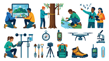 Fototapeta premium Environmental Science Field Research with Scientists and Ecological Tools - Flat Illustration
