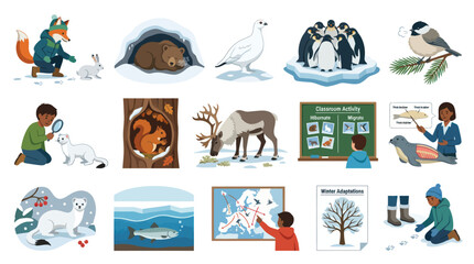 Fototapeta premium Winter Animals and Nature Adaptations Flat Vector Illustration Set for Kids Education
