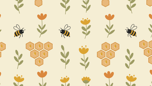 Whimsical seamless honeybee pattern with busy bees, sweet honeycombs, and delicate spring wildflowers.