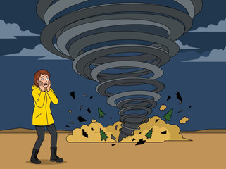 Terrified Woman in Raincoat Watching Massive Destructive Tornado Illustration