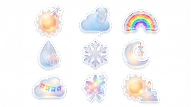 Glossy 3D iridescent weather stickers with festive party elements for digital scrapbooking, social media, and icon design