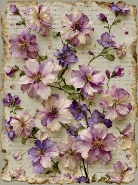 Vintage Floral Background with Purple Hibiscus Flowers and Old Handwritten Letter Text