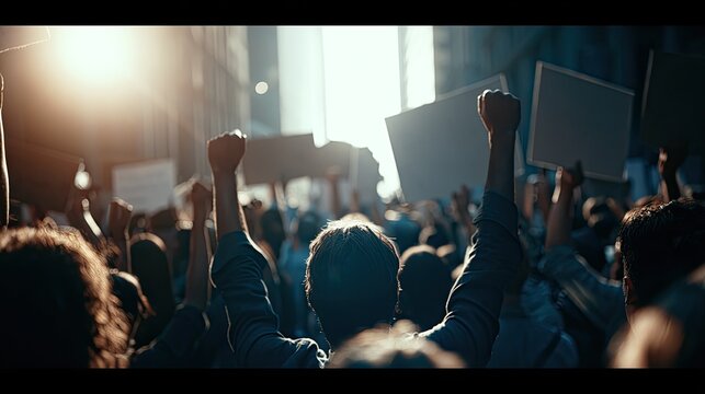 Crowd with raised fists and signs protesting outdoors, bright sunlight
