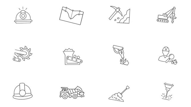 Mining industry line icons animation set including helmet, excavator, pickaxe, conveyor belt, dump truck and jackhammer