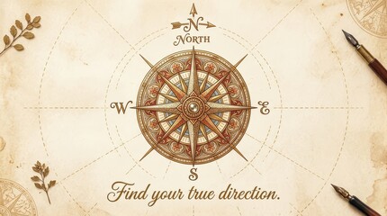 Naklejka premium Vintage compass rose on old paper background with calligraphy, representing navigation, adventure, and finding direction
