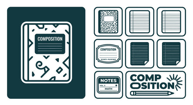 Minimalist dark teal and white composition notebook icon set featuring marble patterns, lined paper pages, school labels, and stationery symbols in a clean flat vector style.