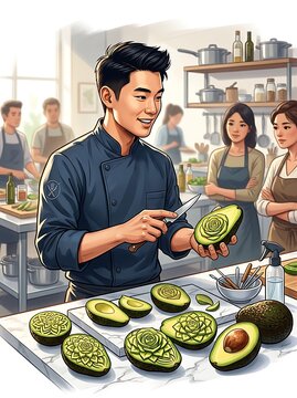Professional chef carving decorative floral patterns into fresh avocados