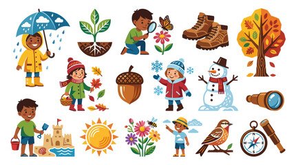 Fototapeta premium Flat Vector Illustration Set: Children Exploring Nature, Seasons Education Activities