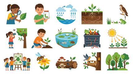 Fototapeta premium Kids Nature Science Education Flat Vector Illustrations Set. Environmental Biology Learning Concepts