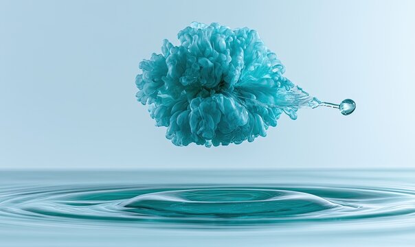 Abstract blue cloud-like form exploding with liquid splash over rippling water