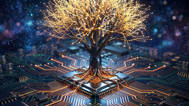 Spectacular 3D digital art of a cybernetic tree with a dark textured trunk and fiber-optic glowing branches rooted in a complex computer motherboard against a starry cosmic background.